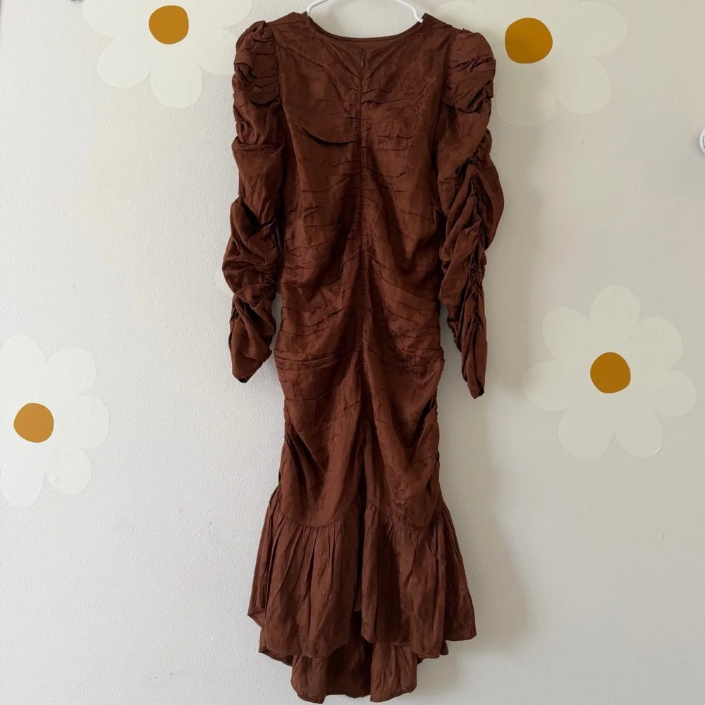 NWT ByTimo Jacquard Chocolate Brown Floral Ruched Ruffled Georgette Mini Dress - Picture 8 of 15
